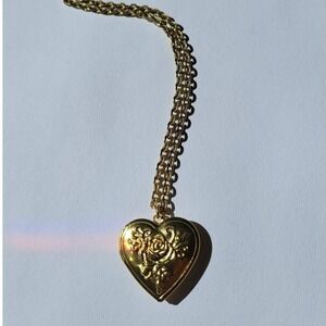 Vintage NOS Rose Heart Locket Necklace Gold Brass Vintage Floral Romantic